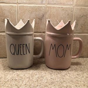 Rae Dunn mugs with toppers